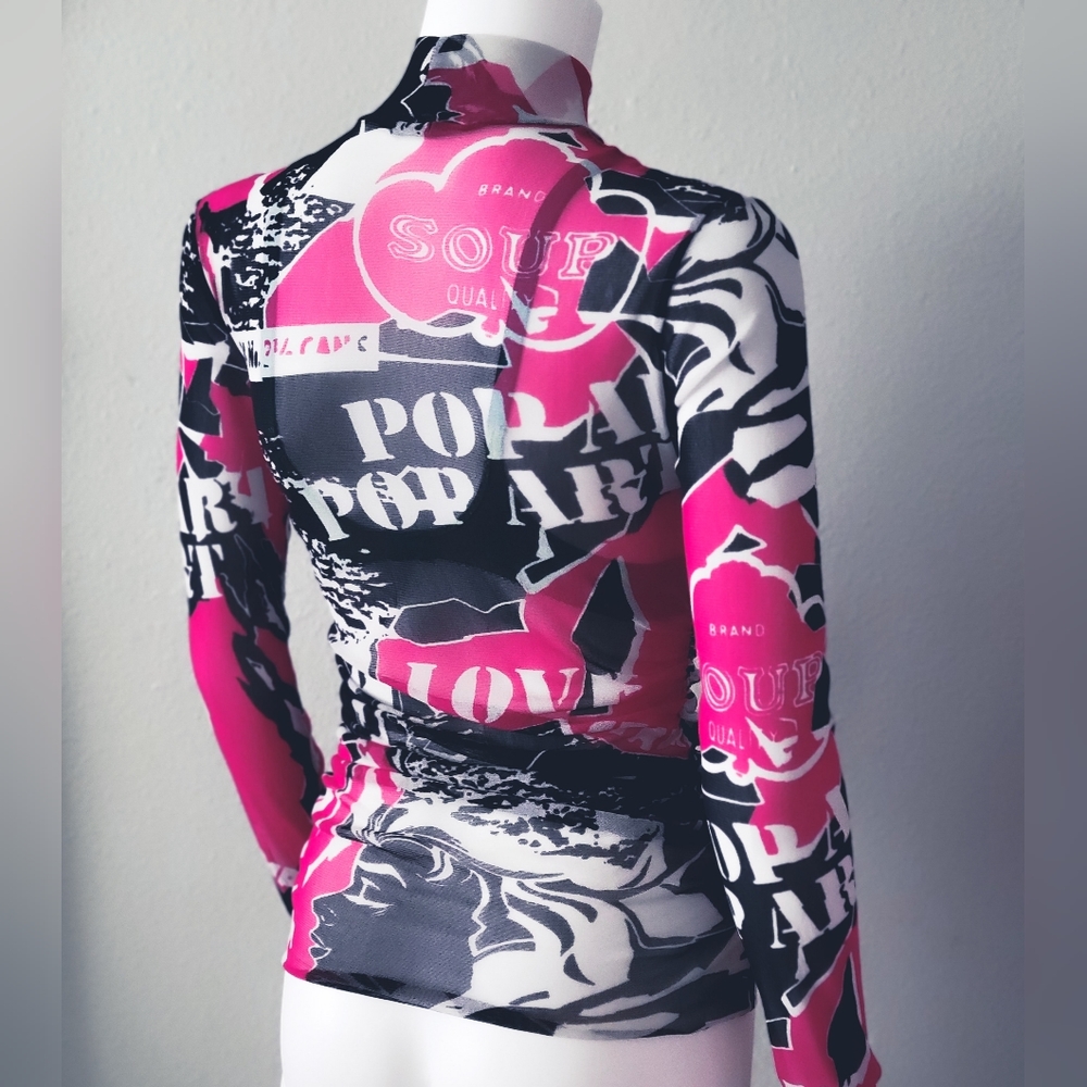 Benetton Top • Pop Art Graffiti • Vintage Sheer Blouse • Long Sleeve Mesh • Mock - Picture 2 of 2
